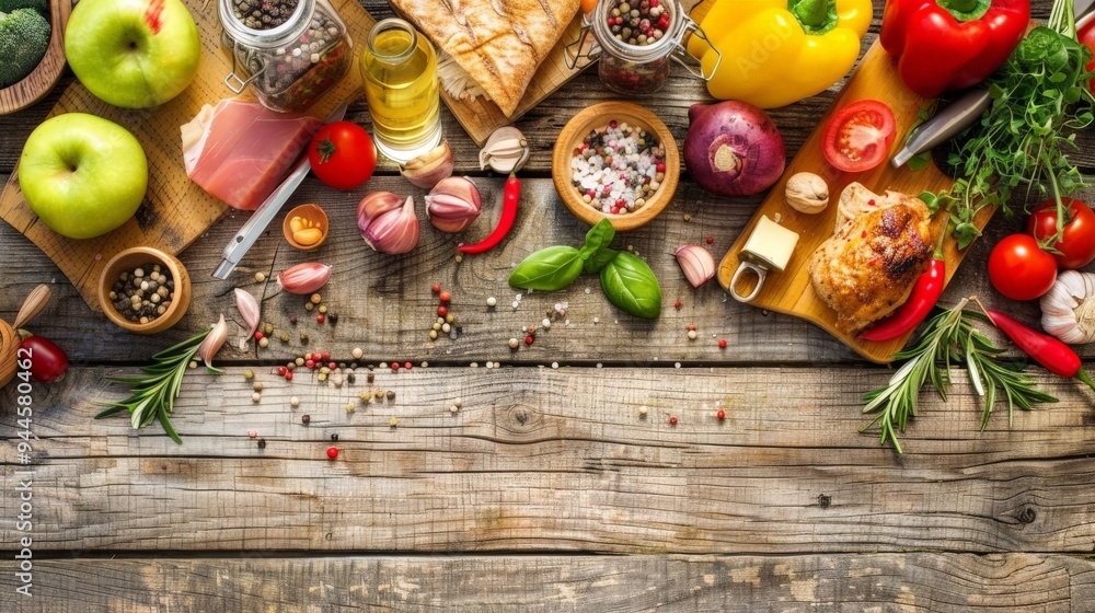 Rustic wooden background with various food ingredients. Rustic wooden background with various food ingredients.