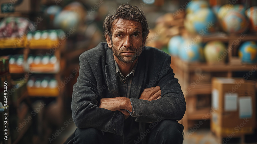 Pensive man sitting among globes in a cluttered room Pensive man sitting among globes in a cluttered room