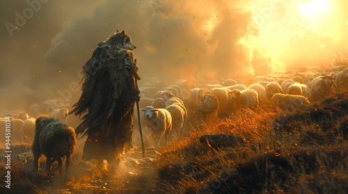 Wolf disguised as shepherd amidst flock of sheep at sunset