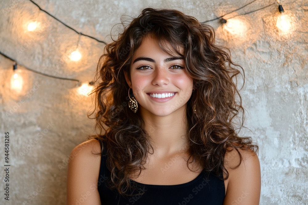 Fototapeta premium Relaxed portrait of a young woman with curly hair sitting in front of warm string lights embodying a cozy inviting atmosphere filled with warmth contentment and festive joy