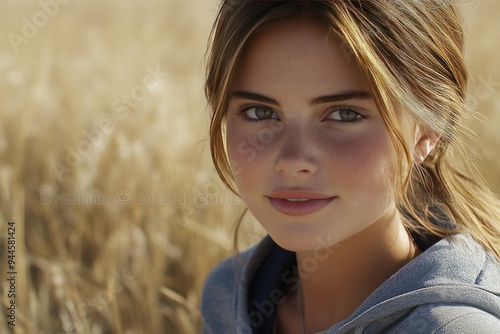 Rural outdoor portrait of a young woman with windswept hair standing in a golden wheat field at dusk capturing the essence of freedom nature and the simple beauty of the countryside