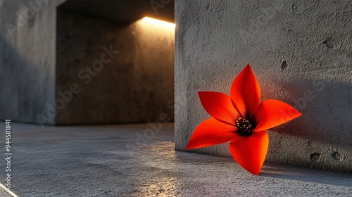 A Burst of Color: A solitary red flower blossoms against a stark concrete backdrop, its vibrant petals a striking contrast to the minimalist surroundings. The interplay of light and shadow creates a s photo