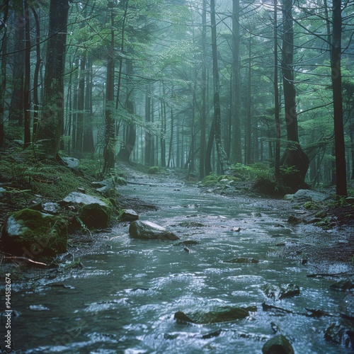 Misty Aokigahara forest with serene atmosphere and flowing stream