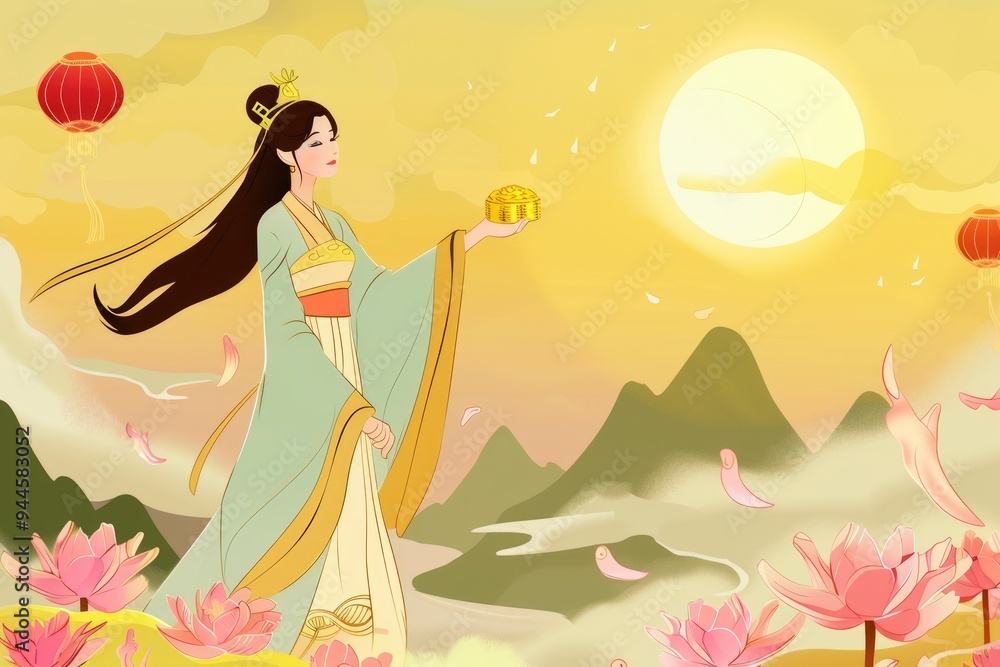 Enchanting celebration: mid-autumn festival, moon goddess Chang'e holding mooncakes against a moonlit sky, chinese lanterns, unity and abundance traditional festival honoring harvest, lunar deities