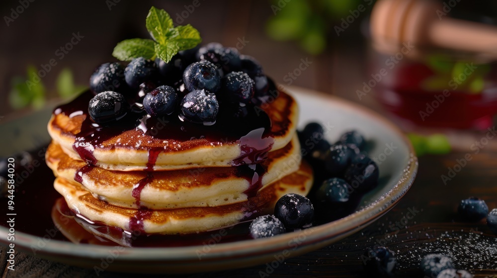 Blueberry pancake in plate with honey closeup view Blueberry pancake in plate with honey closeup view