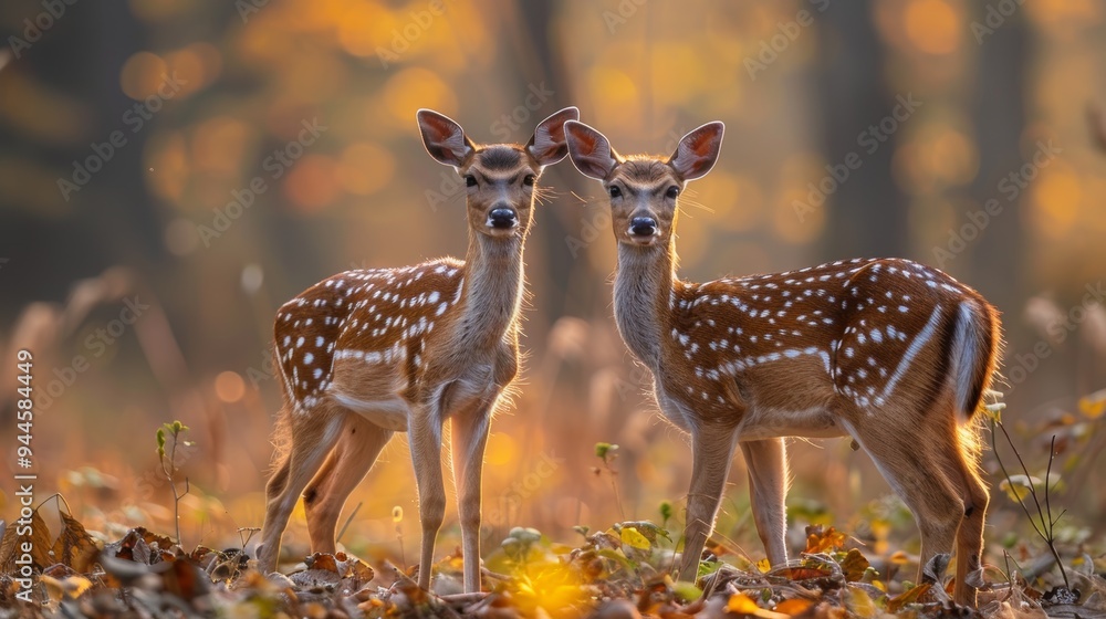 Beautiful spotted deer in a sunlit forest clearing during autumn Beautiful spotted deer in a sunlit forest clearing during autumn