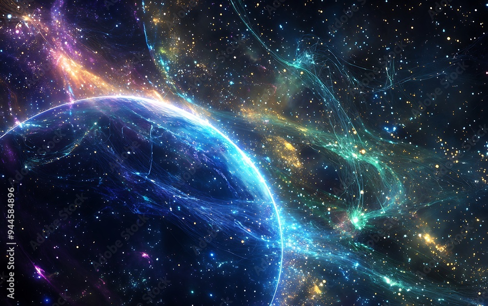 Obraz premium Interconnected Glowing Threads Encircling Earth from Space Highlight Global Connectivity