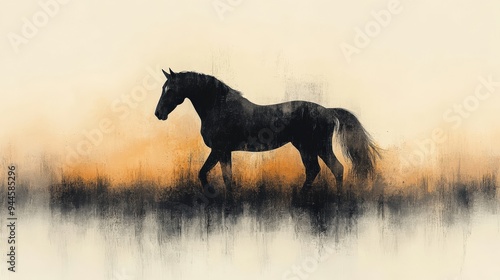 3D minimal horse silhouette, abstract watercolor background, muted tones, elegant and fluid brushwork