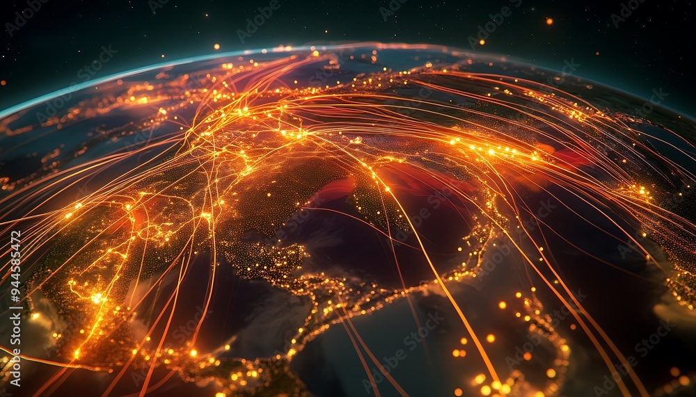 Fototapeta premium Global Trade Routes Visualized on a Digital Map, Showcasing Worldwide Connectivity