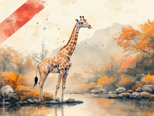 Abstract giraffe in 3D watercolor landscape, muted earth tones, minimalistic design with soft gradients photo