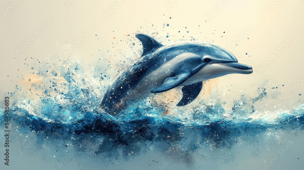Obraz premium Stylized 3D dolphin in a minimal abstract watercolor ocean, soft blues and whites, gentle brushstrokes