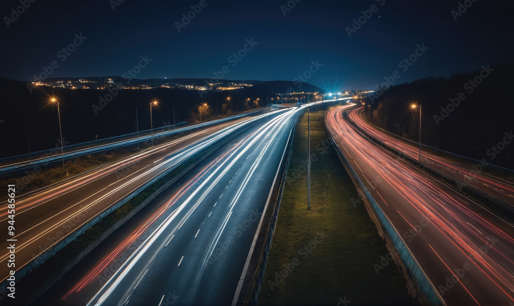 A highway at night, illuminated by the lights of passing cars, creating streaks of light A highway at night, illuminated by the lights of passing cars, creating streaks of light