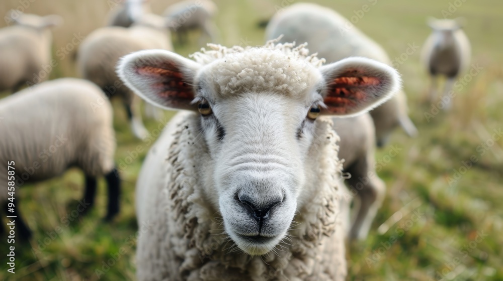 A close-up of a curious sheep staring directly at the camera in a green pasture, with other sheep grazing in the background.. A close-up of a curious sheep staring directly at the camera in a green pasture, with other sheep grazing in the background..