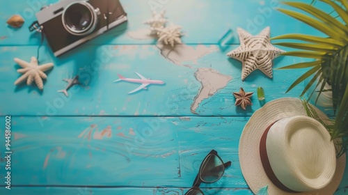 A flat lay of various travel essentials including a backpack sunglasses camera phone