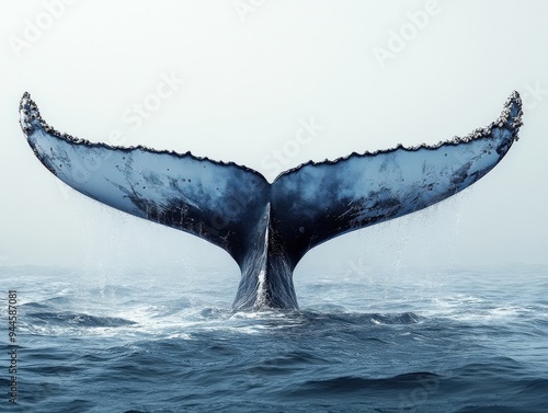 Abstract 3D whale tail in minimalistic watercolor ocean, soft blues and greys, fluid brushstrokes