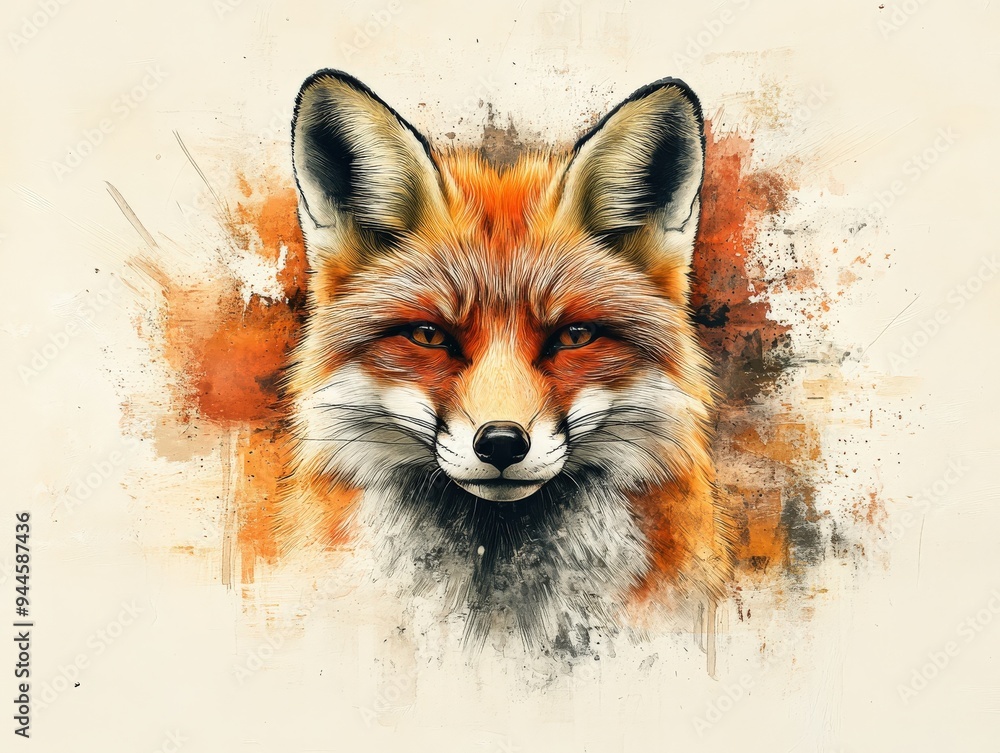 Fototapeta premium Abstract 3D fox face in minimal watercolor, muted oranges and browns, soft brushstrokes