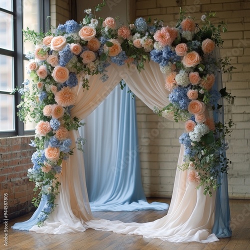 Minimalist wedding arch with pastel watercolor florals, soft blues and pinks, elegant and simple backdrop