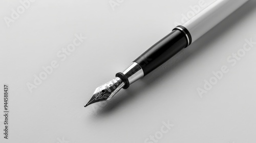 Closeup of a fountain pen on white surface.