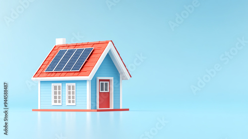 A charming blue house with a red roof and solar panels, symbolizing sustainable living and modern architecture.