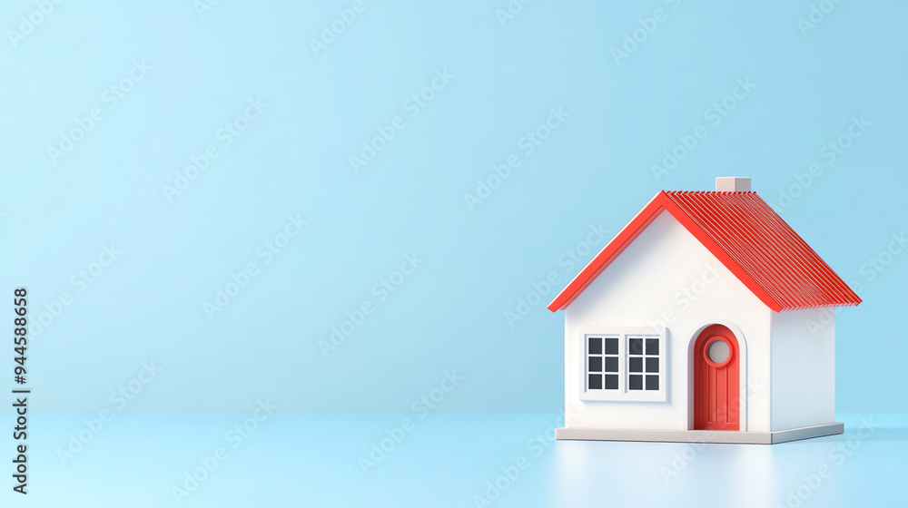A charming miniature house model with a red roof against a soft blue background, perfect for home-related concepts. A charming miniature house model with a red roof against a soft blue background, perfect for home-related concepts.