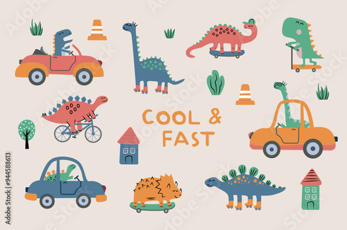 Collection dinosaurs in the transports. Car, skateboard, bike, rollers, scooter. Fun vector characters. 