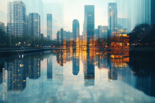 Urban lakes and ponds close up, focus on water surrounded by buildings, reflective surface, warm lighting, Double exposure silhouette with city skyline