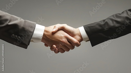 Business Interaction: Two Individuals Sharing a Handshake in a Professional Setting with a Gray Background
