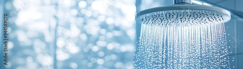 Water conservation focus on lowflow showerhead, bathroom setting, cool tones, Double exposure silhouette with raindrops