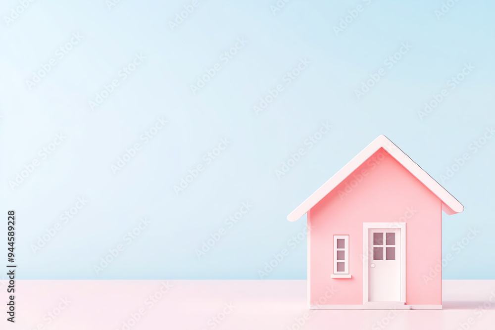 A charming pink house with a minimalist design against a soft blue background, perfect for real estate or home decor themes. A charming pink house with a minimalist design against a soft blue background, perfect for real estate or home decor themes.