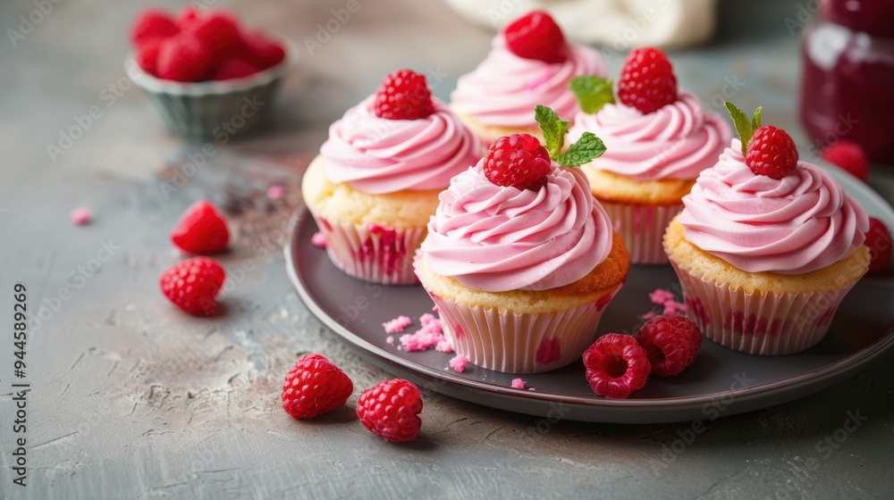 Delicious cup cake with raspberry fruit on table Delicious cup cake with raspberry fruit on table