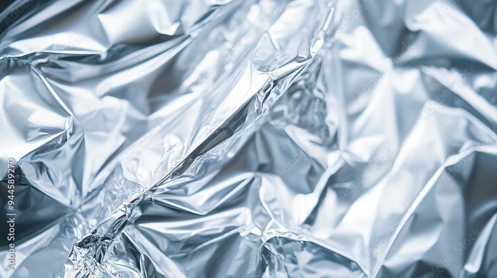 Obraz premium Recycled aluminum foil focus on wrapping leftovers, clean kitchen, soft lighting, Double exposure silhouette with foil texture