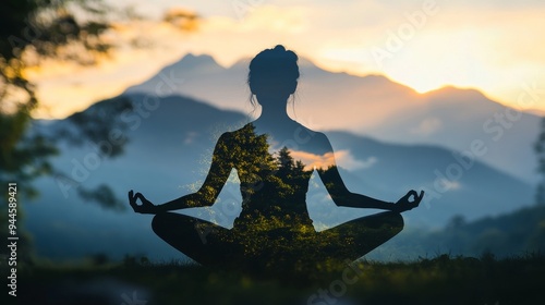 Outdoor yoga in serene landscapes close up, focus on peaceful poses, natural surroundings, soft light, Double exposure silhouette with mountain view