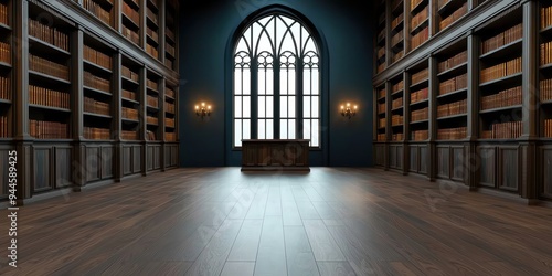 A grand library interior featuring tall bookshelves, elegant lighting, and a majestic window, perfect for intellectual pursuits.