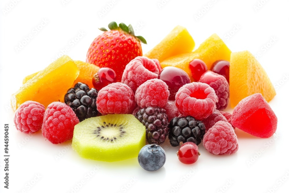 Colorful fruit pastilles surrounded by fresh fruits and berries on a bright white background creating a vibrant snack display Colorful fruit pastilles surrounded by fresh fruits and berries on a bright white background creating a vibrant snack display