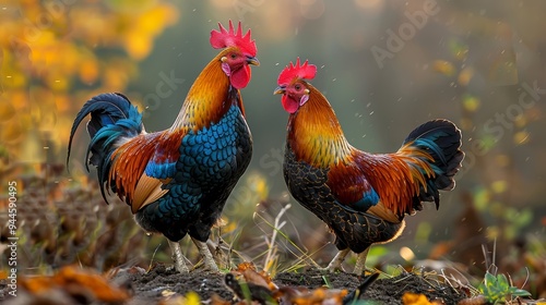 Colorful rooster and hen in a natural outdoor setting