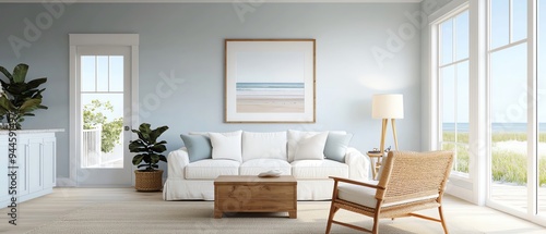 Bright and airy living room with modern decor, large windows, and stylish furniture enhancing a serene coastal ambiance.