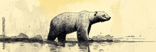 A majestic polar bear walking through shallow water among rocky terrain.