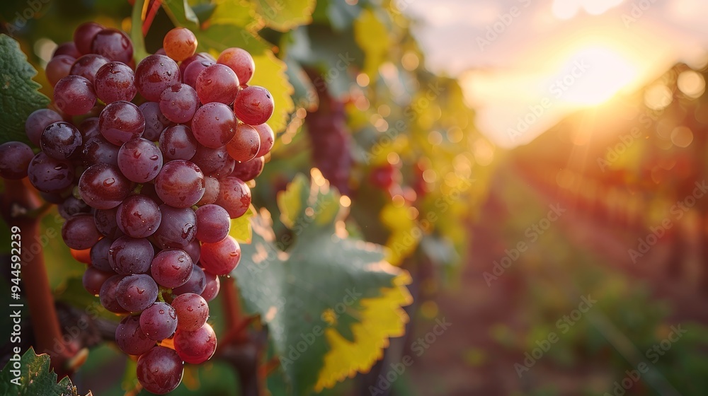 Fototapeta premium Vineyard with ripe grapes glowing at sunset in rural countryside