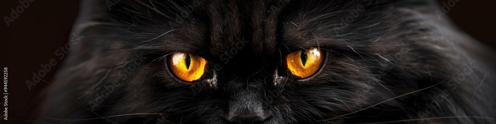 Persian black cat featuring vibrant yellow eyes Persian black cat featuring vibrant yellow eyes