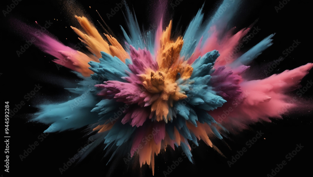 Abstract decorative powder explosion close-up on black background, mixed illustration and matte painting Abstract decorative powder explosion close-up on black background, mixed illustration and matte painting