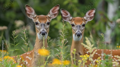 Two white-tailed deer bucks with velvet antlers in a meadow