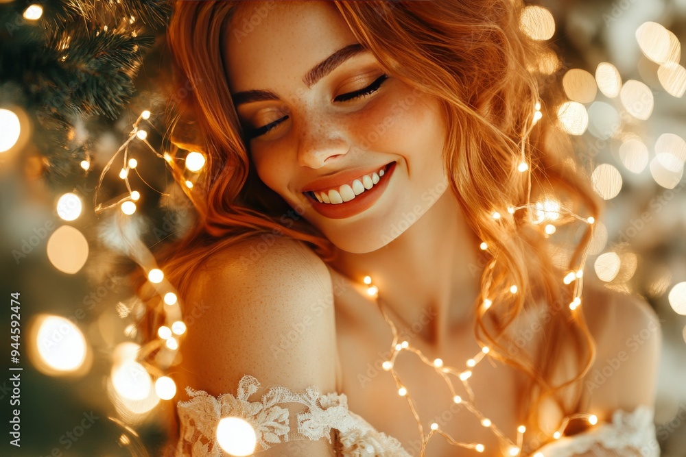 A young woman with a gentle smile surrounded by warm lights her face glowing with happiness and serenity in a cozy and intimate setting A young woman with a gentle smile surrounded by warm lights her face glowing with happiness and serenity in a cozy and intimate setting