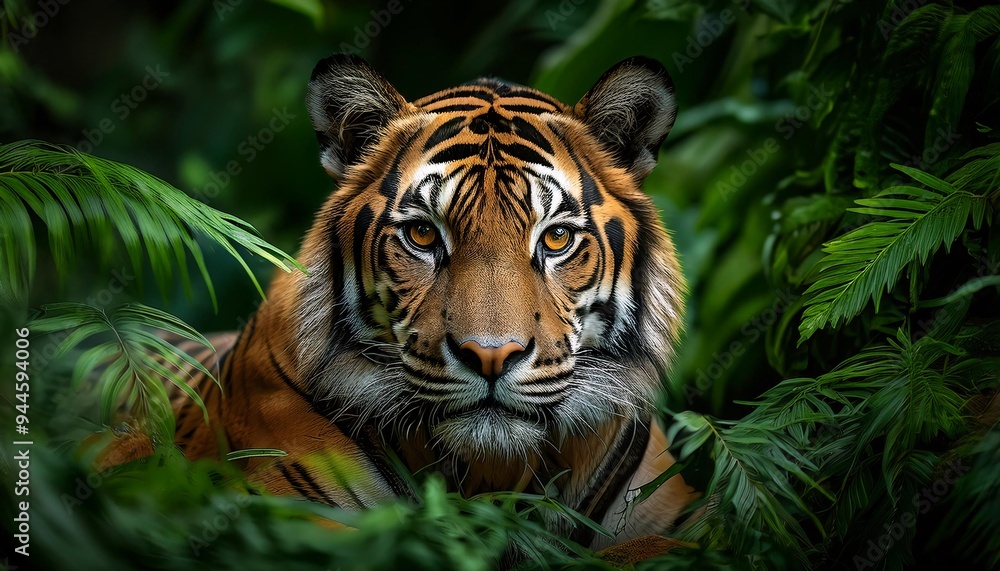 Portrait of a Tiger among greenery Portrait of a Tiger among greenery