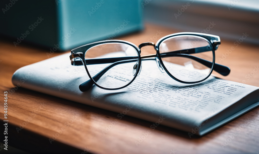 A pair of eyeglasses sit on a book, resting on a wooden table A pair of eyeglasses sit on a book, resting on a wooden table