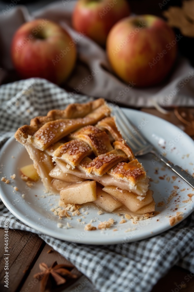 A slice of tasty delicious homemade apple pie in plate on table closeup view A slice of tasty delicious homemade apple pie in plate on table closeup view