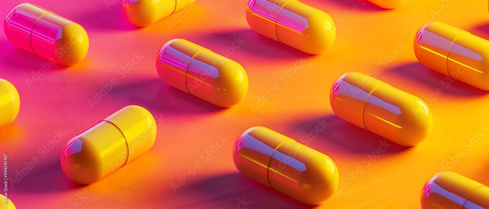 Rows of Yellow Capsules on Vibrant Pink Background Rows of Yellow Capsules on Vibrant Pink Background