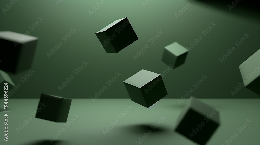 Floating Dark Green Cubes in Minimalist Green Room Floating Dark Green Cubes in Minimalist Green Room