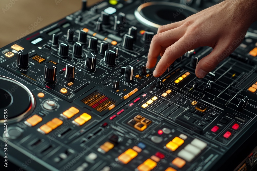 A close up of a DJs hand adjusting controls on a mixing board illuminated by glowing orange lights symbolizing the energy creativity and excitement of music in a vibrant setting A close up of a DJs hand adjusting controls on a mixing board illuminated by glowing orange lights symbolizing the energy creativity and excitement of music in a vibrant setting