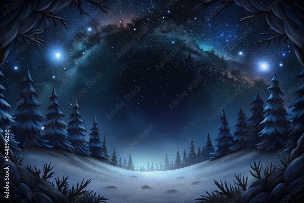 Fototapeta premium A tranquil winter night under a starlit sky with pine trees framing the serene snowy landscape, inviting a sense of wonder and calmness in nature’s embrace. Generative AI