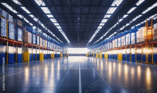 A wide, empty warehouse with rows of stacked boxes and bright lighting